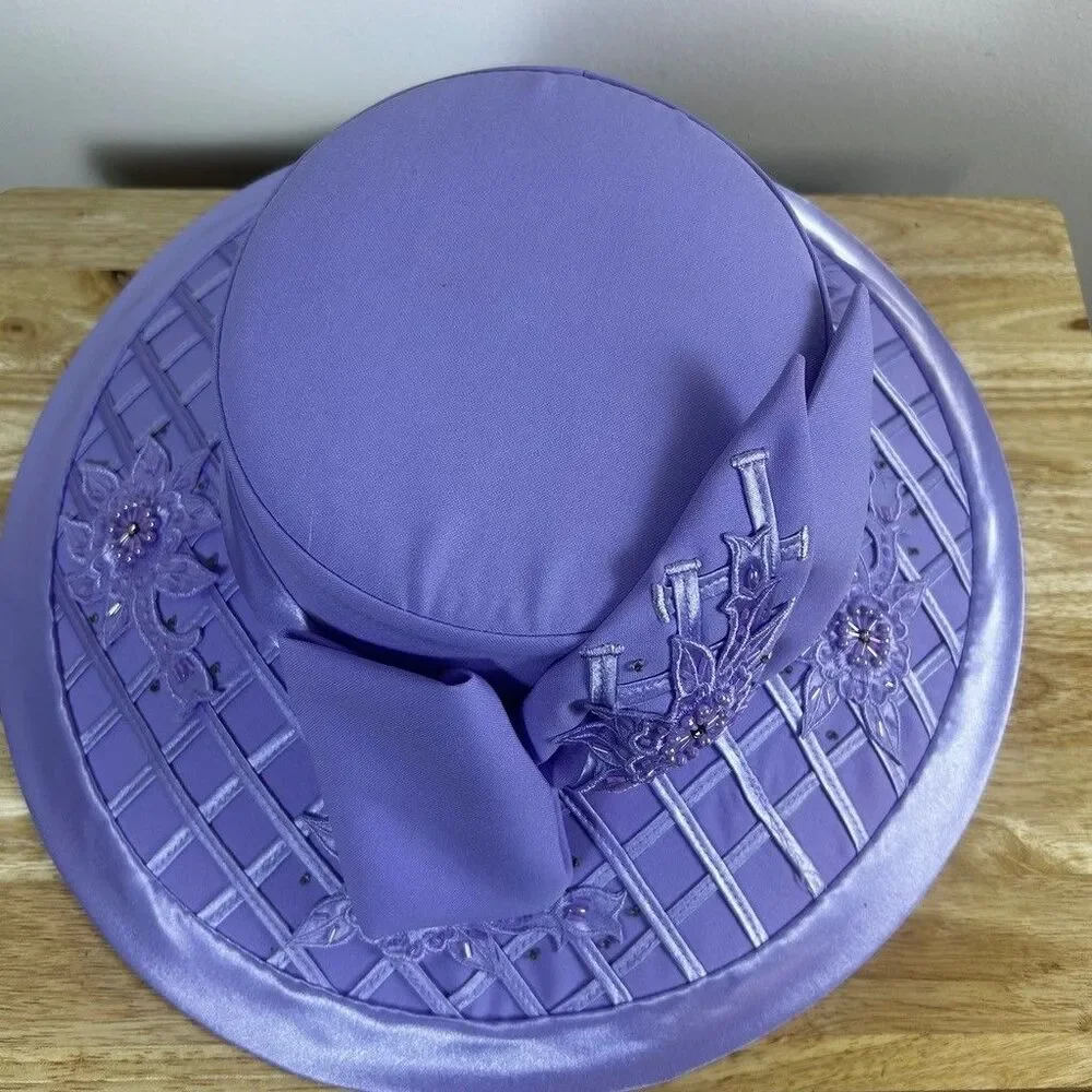 Studio 3 Women Purple Church Hat Wide Brim Beaded Floral Bow Derby Dress Hat